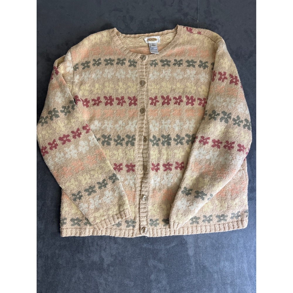 Talbots Womens XL Cardigan Sweater Peach Floral Fair Isle Knit Button Front
